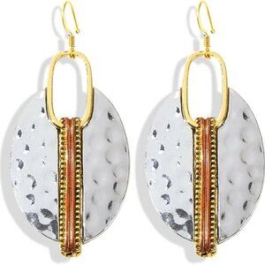 Geometric Silver Hammered Gold and Copper Circular Dangle Pierced Earrings  NWT